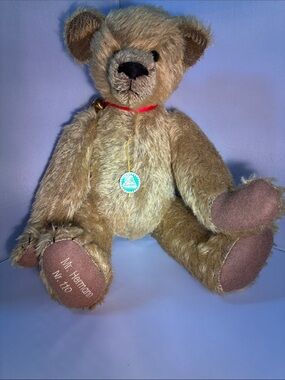 Hermann Lange Tan Mohair Teddy Bear with Red Ribbon